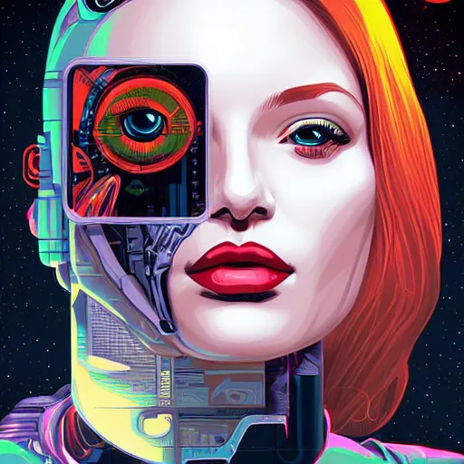 Prompt: portrait of female android by Dan Mumford and Sandra Chevrier