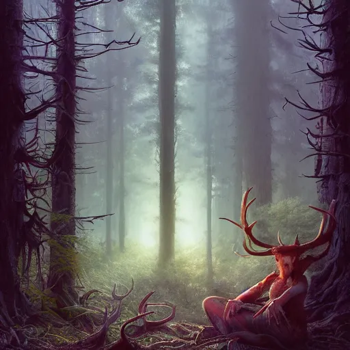 Image similar to highly detailed creepy forest creature with antlers, stephen bliss, unreal engine, fantasy art by greg rutkowski, loish, rhads, ferdinand knab, makoto shinkai and lois van baarle, ilya kuvshinov, rossdraws, tom bagshaw, global illumination, radiant light, detailed and intricate environment