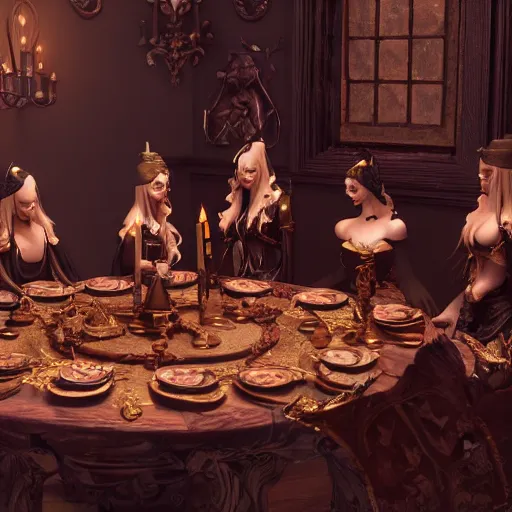 Image similar to dark witches sitting at a table doing a ritual. Ornate details, award winning. Octane render, 4k, 8k, unreal 5, very detailed, hyper control-realism, trending on artstation.”