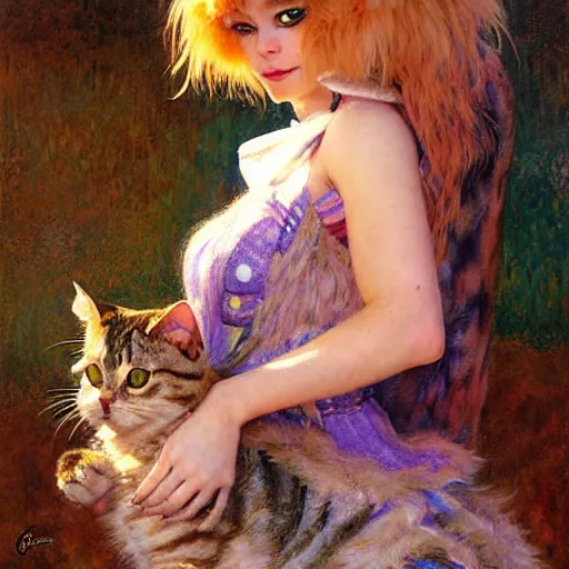 Prompt: portrait of a furry fluffy female tabby cat in a cute dress. shadowrun furaffiniy cyberpunk fantasy highly detailed painting by gaston bussiere craig mullins jc leyendecker gustav klimt artgerm greg rutkowski john berkey, bergey, craig mullins, ruan jia, raymond swanland, jeremy mann, tom lovell, alex malveda