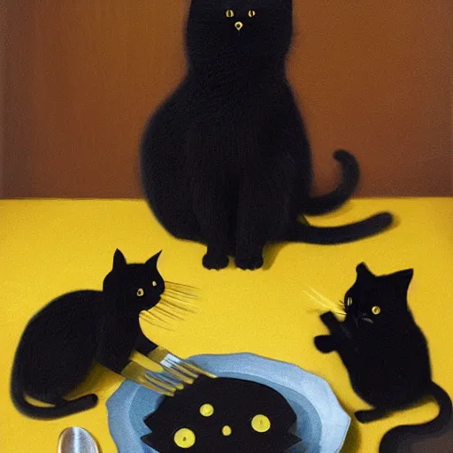 Prompt: a black cat with yellow eyes sitting at the table, eating a plate of mice using a knife and a fork, matte painting, photorealistic, oil painting, illustration