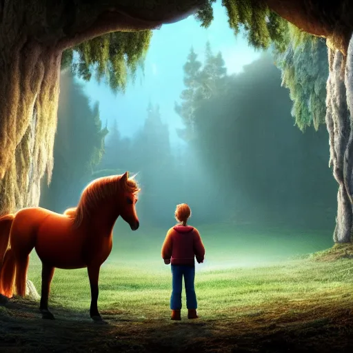 Prompt: the horse and his boy, narnia, pixar, disney, volumetric, crisp, 4 k