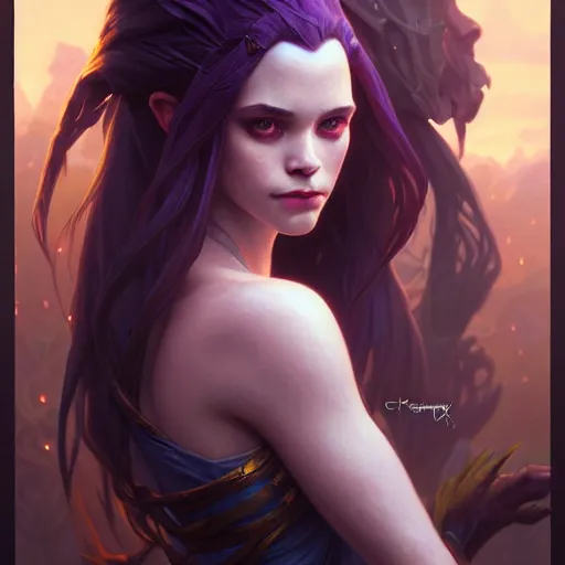 Image similar to portrait painting of zoe the aspect of twilight, league of legends, cute, ultra realistic, concept art, intricate details, eerie, highly detailed, photorealistic, octane render, 8 k, unreal engine. art by artgerm and greg rutkowski and charlie bowater and magali villeneuve and alphonse mucha