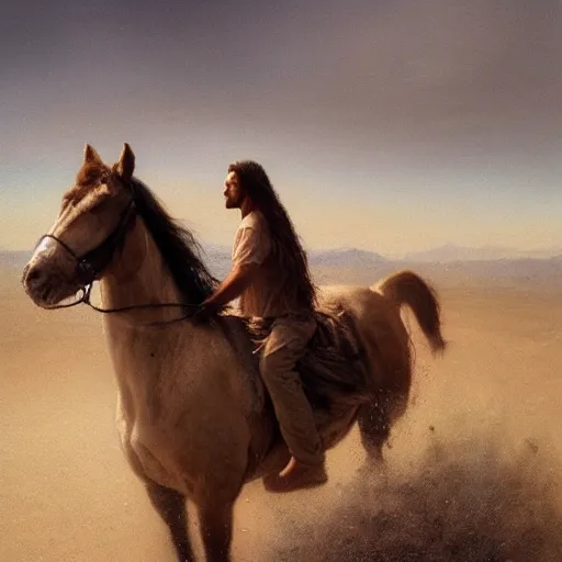 Image similar to jesus christ, riding a horse in the desert, oil paint by alyssa monks, greg rutkowski, cinematic, canon