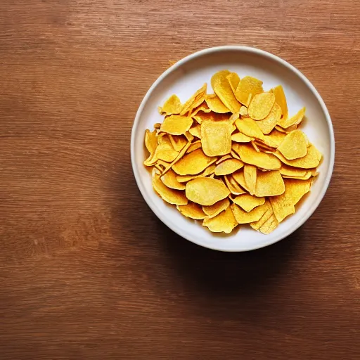 Prompt: bowl of cornflakes in milk on a yellow table shot from above