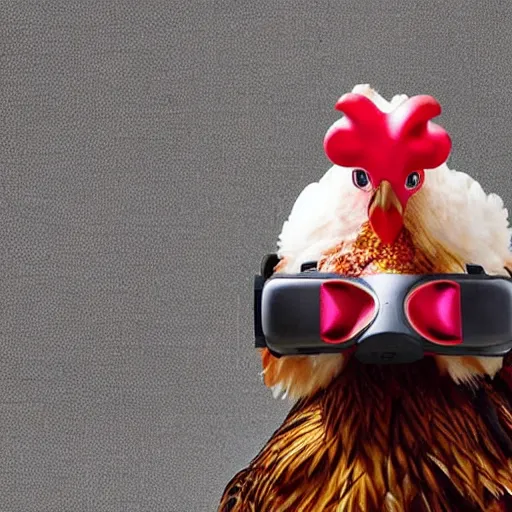 Image similar to a photo of a chicken wearing a chicken-sized VR headset over its head