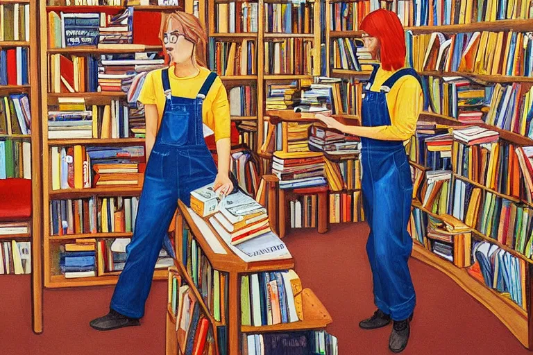 Prompt: woman wearing overalls in a bookstore warm colors painting moebius isometric