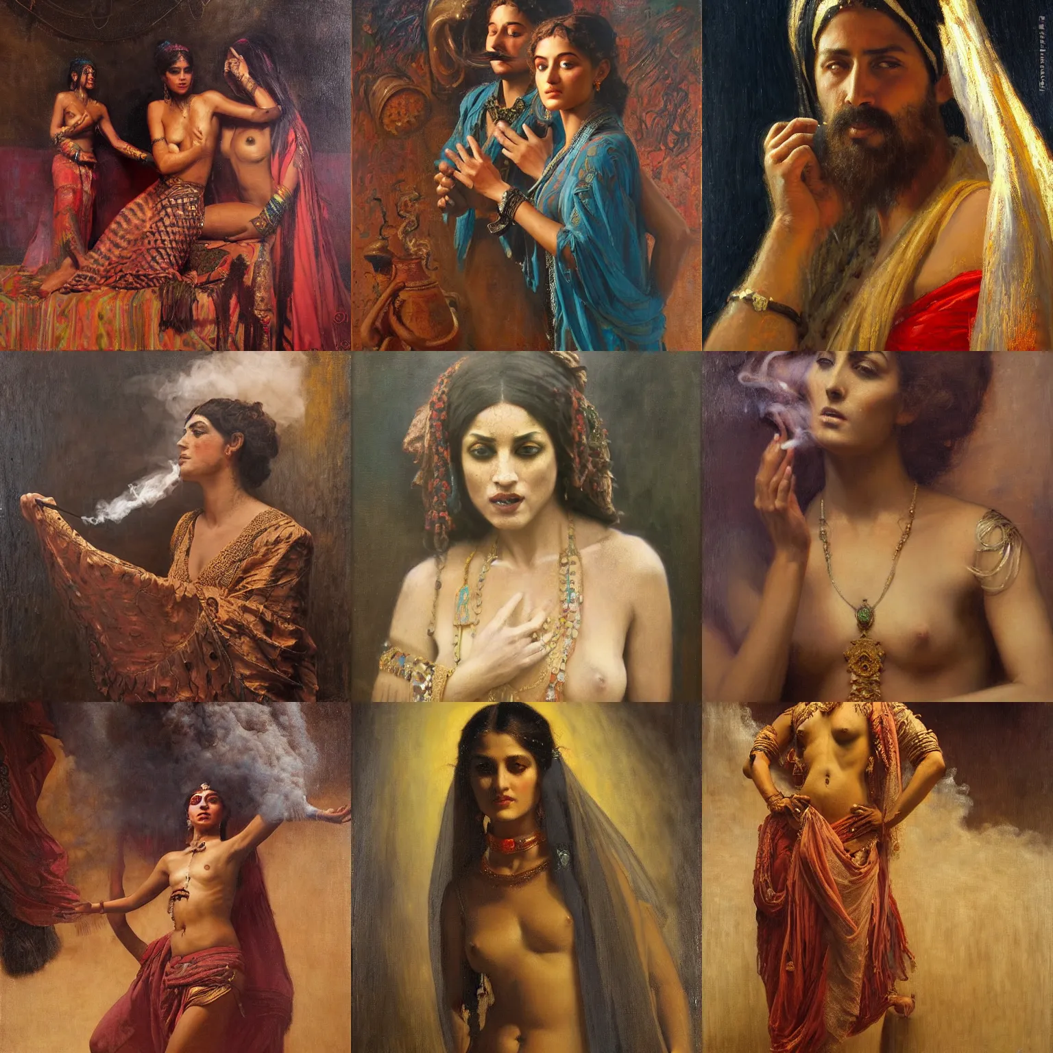 Prompt: orientalism terrifying smoke djinni edwin longsden long and theodore ralli and nasreddine dinet and adam styka, masterful intricate artwork. oil on canvas, portait en buste, excellent lighting, high detail 8 k