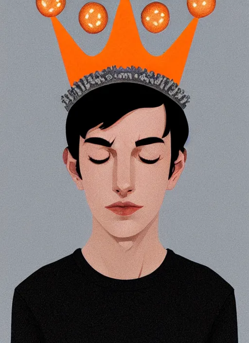 Image similar to portrait of teenage jughead jones wearing a light grey crown, symmetrical crown, sweater with picture of hamburger, eyes closed, crown, black hair, orange, intricate, elegant, glowing lights, warm lighting, highly detailed, digital painting, artstation, concept art, smooth, sharp focus, illustration, art by wlop, mars ravelo and greg rutkowski