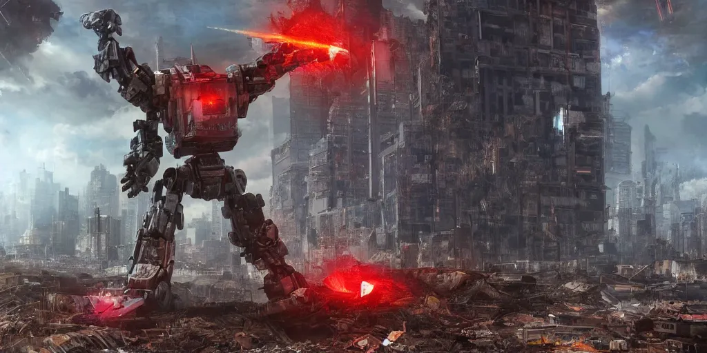 Prompt: Giant robot destroys distant future megacity, buildings collapsing with debris flung forward, metallic robot with red eyes, detailed oil painting, hyperrealistic, PBR, volumetric lighting