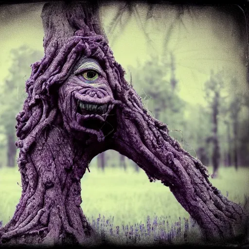 Image similar to tree monster in a beautiful meadow as the eye fairy princess in saturation color scheme, grey, lavender, burnt the new world tintype macro macro earth