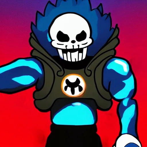 Image similar to super powerful sans, action pose, character portrait, undertale, fan art, alternate universe, epic, cool, awesome, digital art