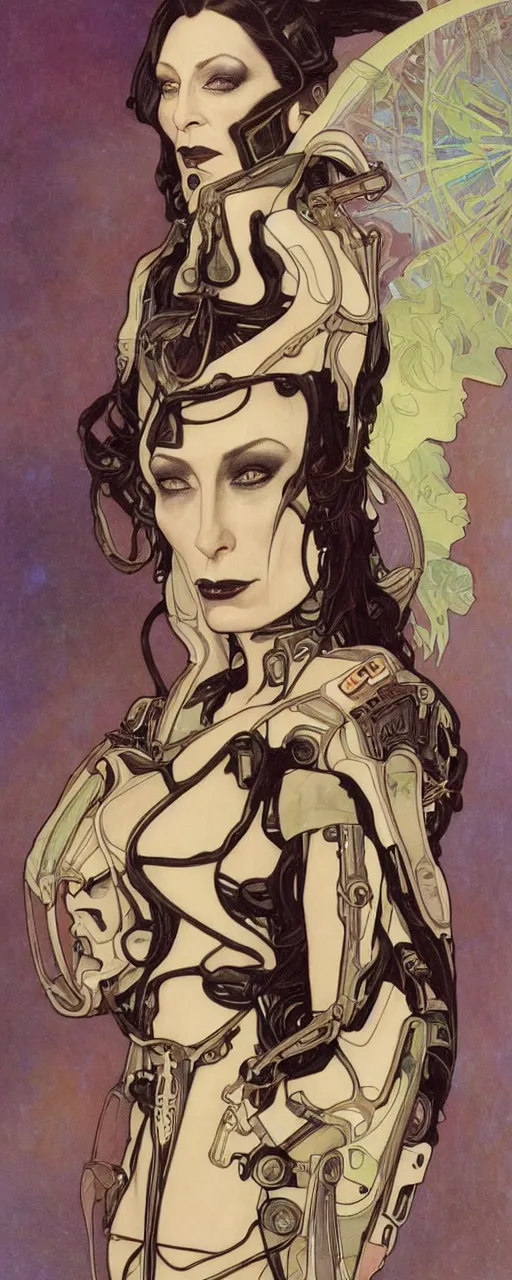 Prompt: a beautiful and captivating sci - fi art nouveau style portrait of anjelica huston as a futuristic gothpunk rebel soldier by chris achilleos, travis charest and alphonse mucha, mixed media painting, photorealism, extremely hyperdetailed, perfect symmetrical facial features, perfect anatomy, ornate declotage, circuitry, technical detail, confident expression, wry smile