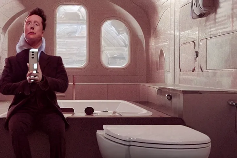 Image similar to hyperrealism aesthetic ridley scott and denis villeneuve style photography of a detailed giant elon musk, siting on a detailed ultra huge toilet and scrolling his smartphone in hyperrealism scene from detailed art house movie in style of alejandro jodorowsky and wes anderson