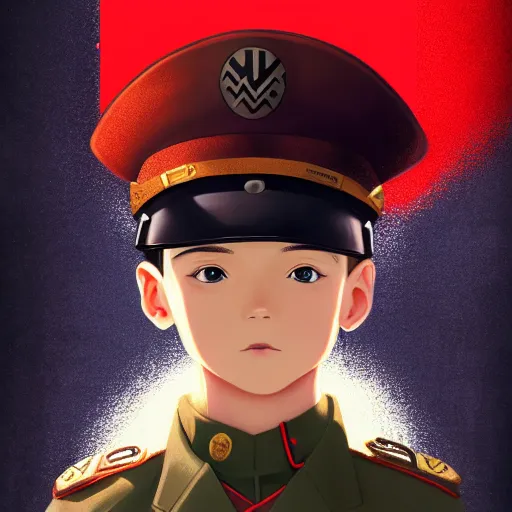 Prompt: portrait of little boy wearing nazi uniform by ilya kuvshinov and anna dittmann and studio ghibli and wlop and rossdraws, digital art, trending on artstation, anime arts, featured on pixiv, blue lighting, hd, 8 k, highly detailed, good lighting, beautiful, epic, masterpiece