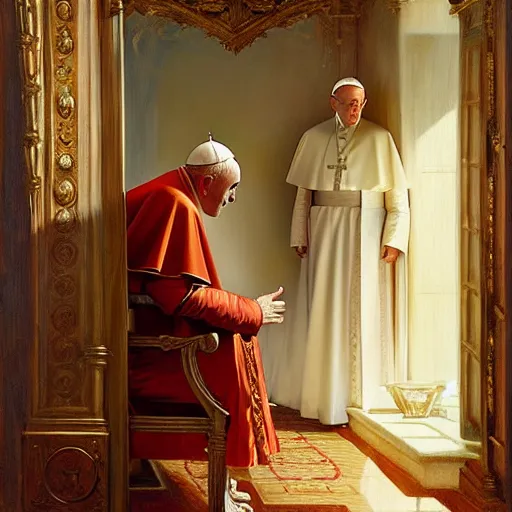 Image similar to the pope wakes up is his bed, sweating, nervous, terrified, because a double horned shadow demon lurks in the wall of the papal bedroom. highly detailed painting by gaston bussiere, j. c. leyendecker, greg rutkowski, craig mullins 8 k