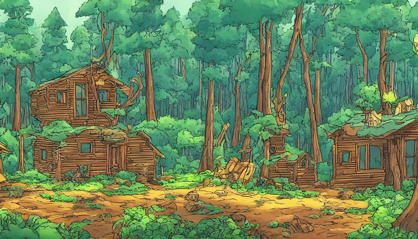 Image similar to a clearing in a forest with a cabin, Disney cartoon, animation, high detail, colorful