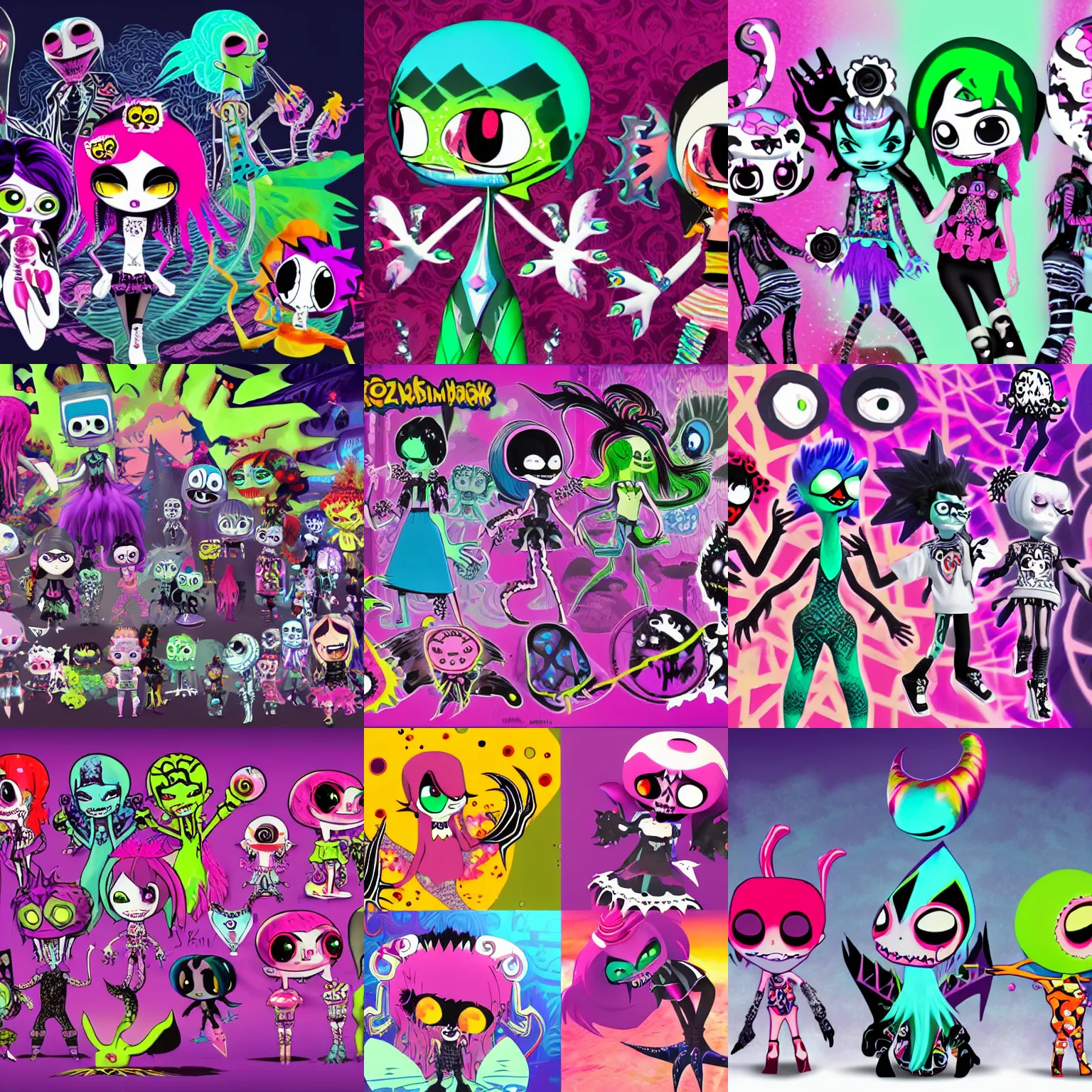 Prompt: CGI lisa frank gothic punk vampiric underwater vampiric squid character designs of various shapes and sizes by genndy tartakovsky and ruby gloom by martin hsu and the creators of fret nice being overseen by Jamie Hewlett from gorillaz and tim shafer from doublefine for a splatoon game by nintendo