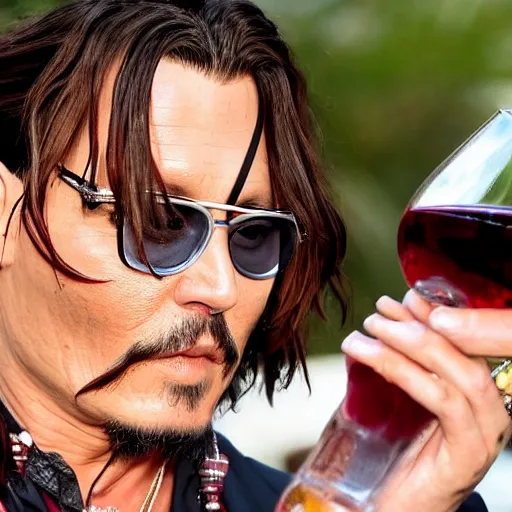 Image similar to Johnny Depp taking a sip from a megapint of red wine, photograph