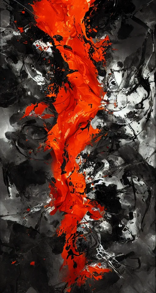 Image similar to pyromagic fuchsiaorange fluid in a dark style by Richard Anderson, Kekai kotaki, Jackson Pollock and craig Mullins
