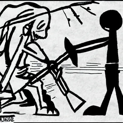 Prompt: XKCD style drawing of a diligent stick figure grinding an axe.