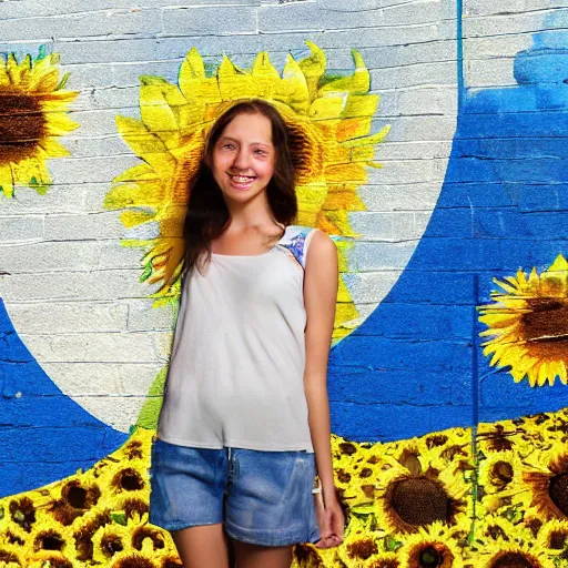 Image similar to Portrait, Graffiti of a Ukrainian girl Smiling at the camera, Beautiful pretty young, flowers in her dark hair, Scene: Sunflower field, Colors: Yellow sunflowers, blue cloudy sky, In a style of Graffiti tag