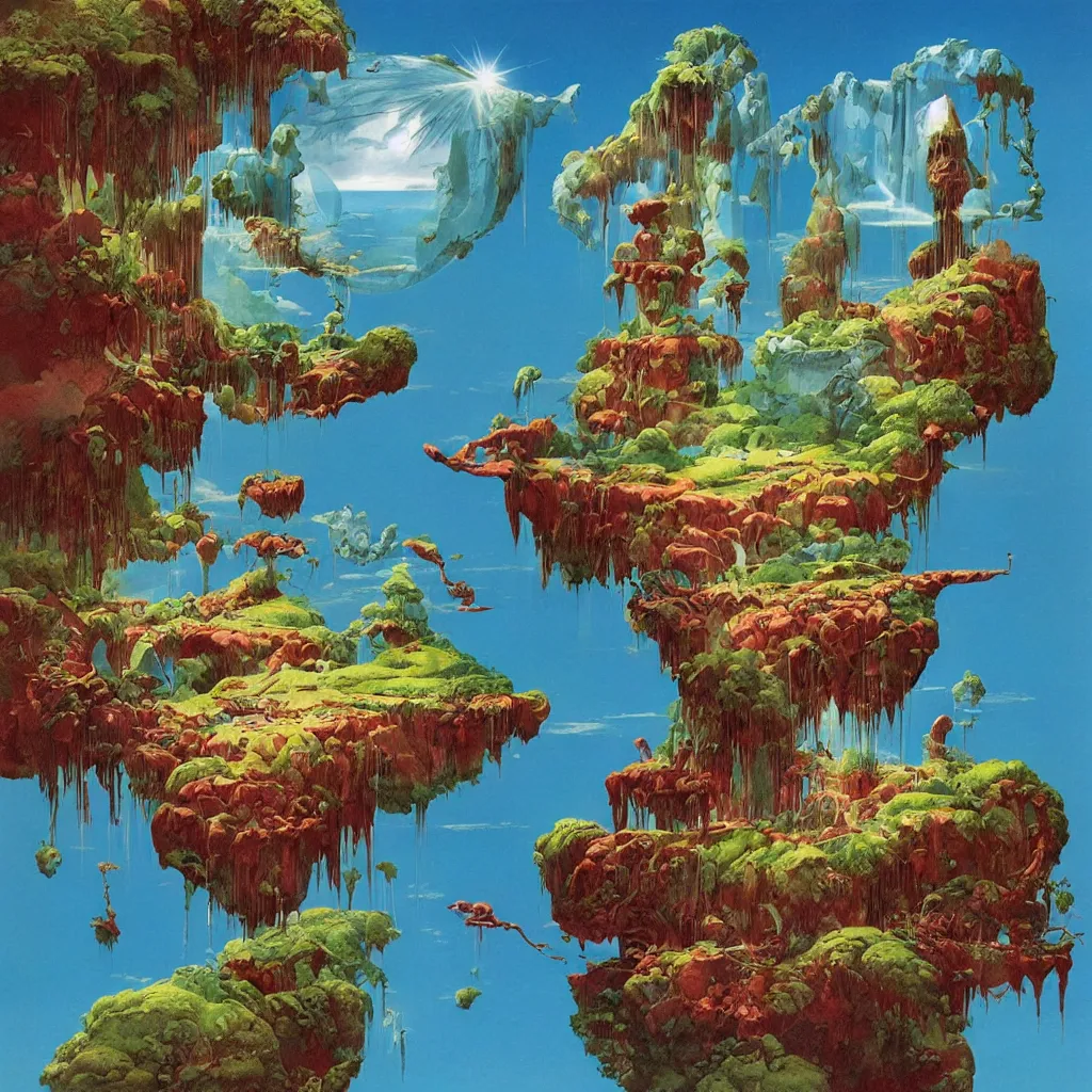 Prompt: broken floating islands, cascading impossible waterfalls, flying mythical beasts inside of a crystal spherical world, by Roger Dean and by Moebius, album cover art from the 1970s