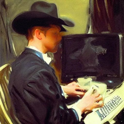 Prompt: 🤠 using a 🖥, by john singer sargent