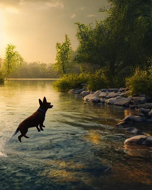 Image similar to dog swimming in the river, hyper realism, cinematic, volumetric lighting, dramatic ambient lighting, epic composition, high detail, octane render, unreal engine, 8 k, professional photo, photorealistic, intricate complexity, extremely detailed,