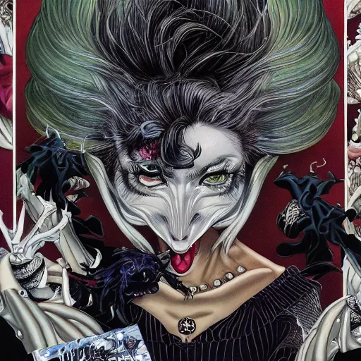 Image similar to portrait closeup of crazy cruella de vil, symmetrical, by yoichi hatakenaka, masamune shirow, josan gonzales and dan mumford, ayami kojima, takato yamamoto, barclay shaw, karol bak, yukito kishiro