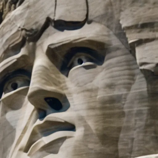 Image similar to a photo of mount rushmore after donald trump's face had been added. the photo clearly depicts the facial features of donald trump, at a slightly elevated level, depicting his particular hair style carved into the stone at the mountain top, centered, balances, regal, pensive, powerful, just