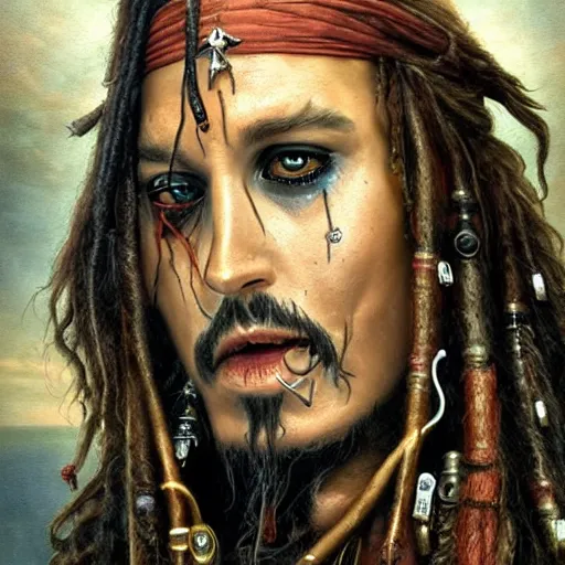Prompt: a hyperrealistic illustration of Captain Jack Sparrow as Davy Jones, Davy Jones with Tentacles, Face hybrid of Davy Jones and Jack Sparrow, Pirates of the Caribbean Ship with fractal sunlight in the Background, award-winning, masterpiece, in the style of Tom Bagshaw, Cedric Peyravernay, Peter Mohrbacher