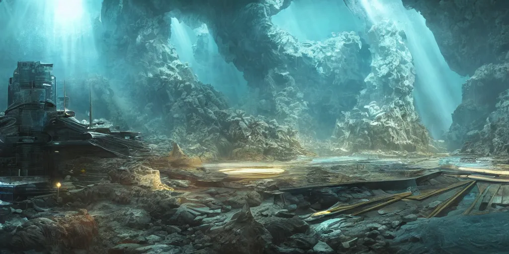 Prompt: a secret underwater base | sci fi | fantasy | highly detailed rendering | trending on artstation | unreal engine | cinematic | volumetric lighting | stunning imagery | golden ratio | under the sea