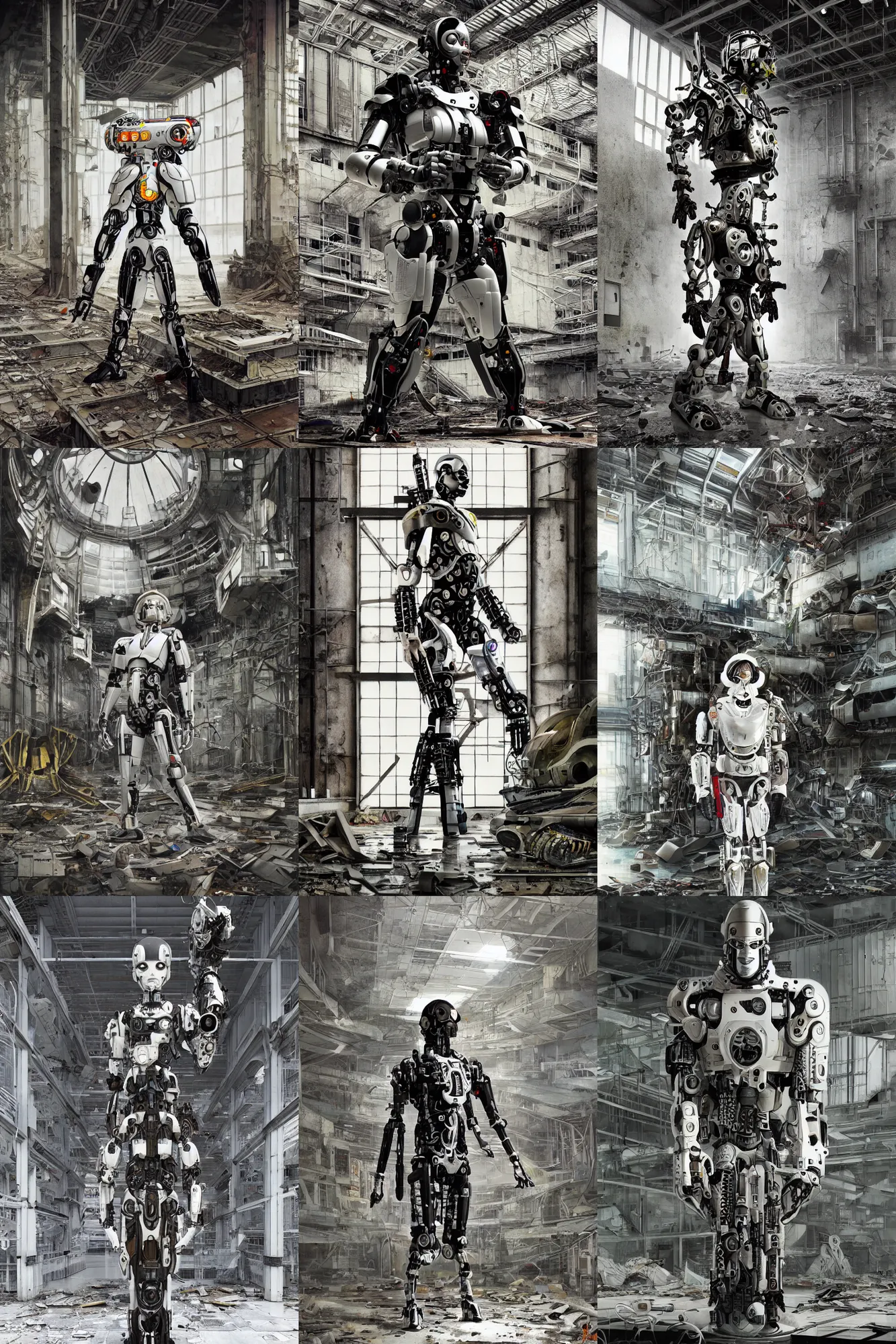 Prompt: cyborg with white and black ancestral ornate japanese tactical gear standing in a abandoned futuristic factory, long shot, by irving penn and storm thorgerson, ren heng, peter elson, alvar aalto, makoto shinkai