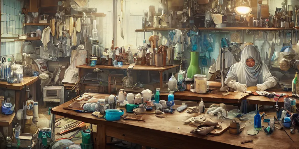 Image similar to an environmental concept art of a babushka surgeon in a cluttered workshop, surigcal impliments, surgery table, highly detailed, cinematic, dramatic