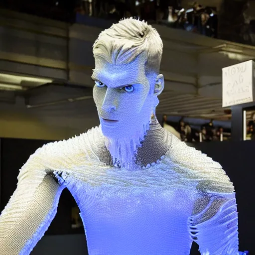 Image similar to made of ice, a realistic detailed photo of a guy who is an attractive humanoid who is half robot and half humanoid, who is a male android, on display, blank stare, showing off his muscles, shiny skin, posing like a statue, by the pool, frozen ice statue, f 1 driver max verstappen, humanoid robot