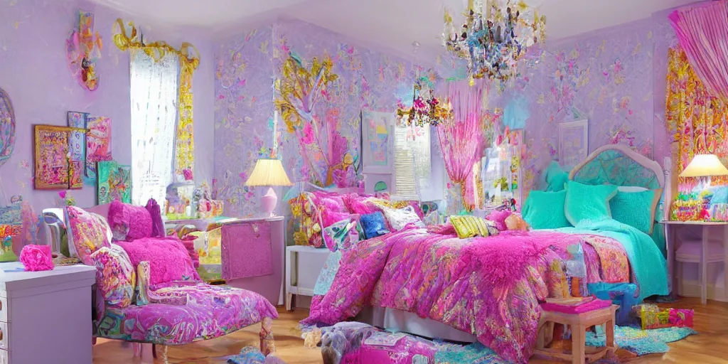 Image similar to a cozy bedroom decorated by Lisa Frank, detailed, high resolution, wow!, intricate