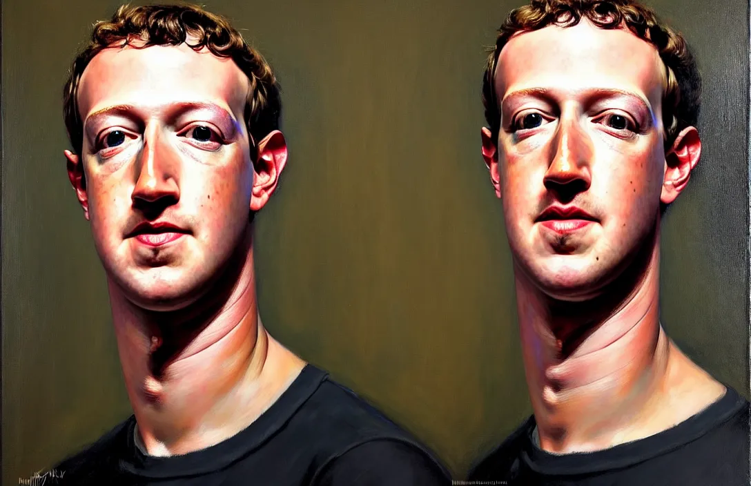 Image similar to portrait of mark zuckerberg!!!!!!!!!!!!!!!!!!!!!!!!!!!, detailed face, detailed painting, flat lighting, by ilya repin, phil hale and kent williams