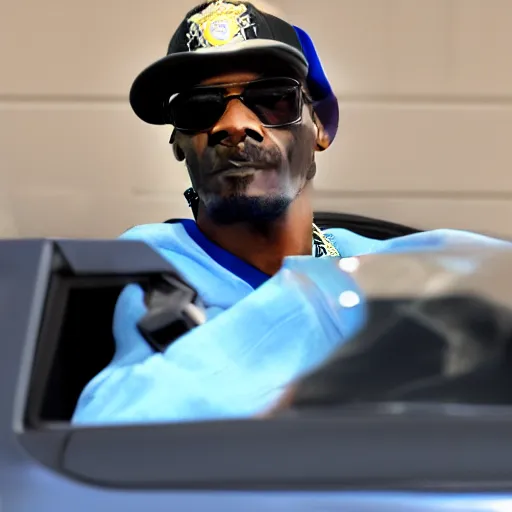 Image similar to Snoop Dogg is sitting in a police car wearing a cap C-13