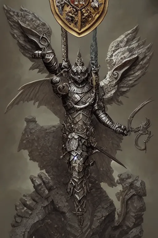 Prompt: a detailed full body portrait gargoyle guardian with wings in stone, knight, relief statue, holding shield, symmetry, symmetrical, by greg rutkowski and justin gerard, digital art, monstrous, art nouveau, baroque style, realistic painting, very detailed, fantasy, dnd, character design, trending on artstation