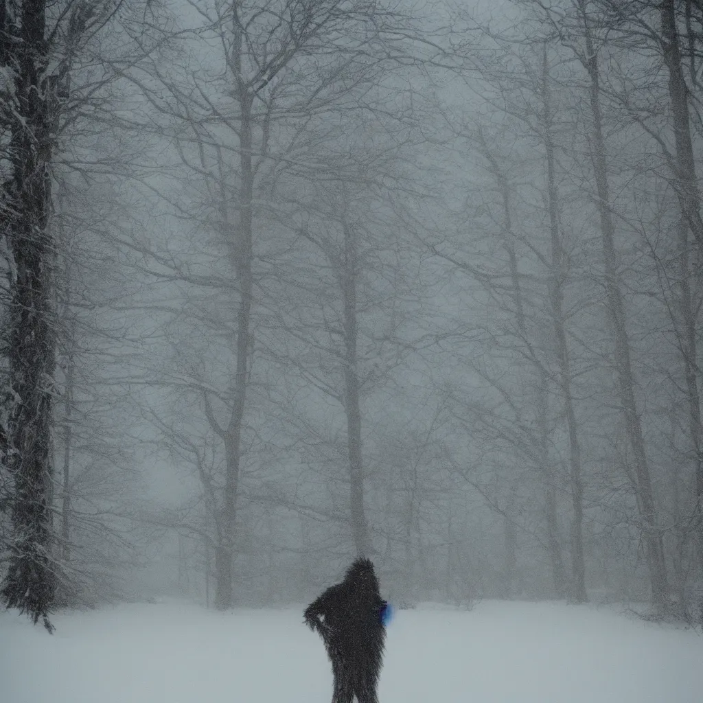 Image similar to photo, bigfoot is hiding in the background. cold color temperature, snow storm. hazy atmosphere. humidity haze. kodak ektachrome, greenish expired film, award winning, low contrast