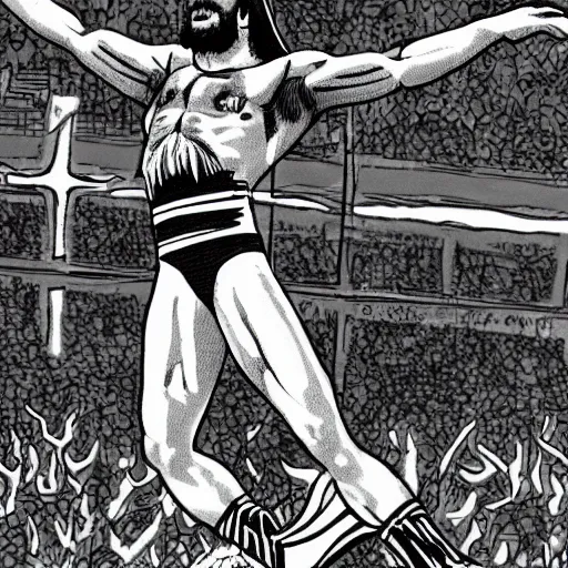 Prompt: Macho Man Randy Savage doing a suplex on Jesus Christ, digital drawing