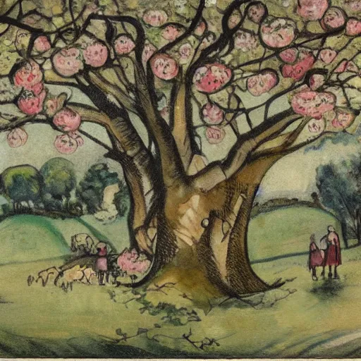 Image similar to A beautiful conceptual art depicting a farm scene. The conceptual art shows a view of an orchard with trees in bloom. by Gerda Wegener, by Peter Milligan dynamic