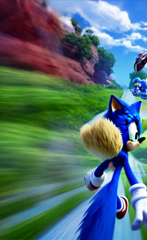 Image similar to super super super epic cinematic shot of sonic the hedgehog, sonic unleashed, apotos day zone, 8k miyazaki anime scene, motion blur, red shoes, green eyes, ++++++ super super super dynamic action running, concept photos, dynamic lighting, dynamic shaders, sunny day, amazing quality