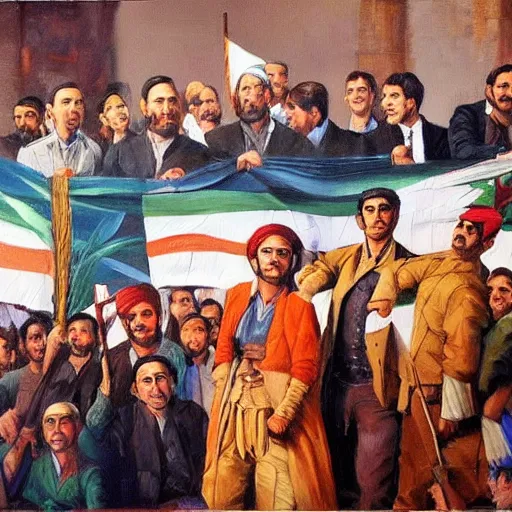 Image similar to a painting of a group of kurdish people standing around a signed declaration of independence for kurdistan, an oil painting by ilya ostroukhov, featured on deviantart, socialist realism, ilya kuvshinov, movie still, oil on canvas