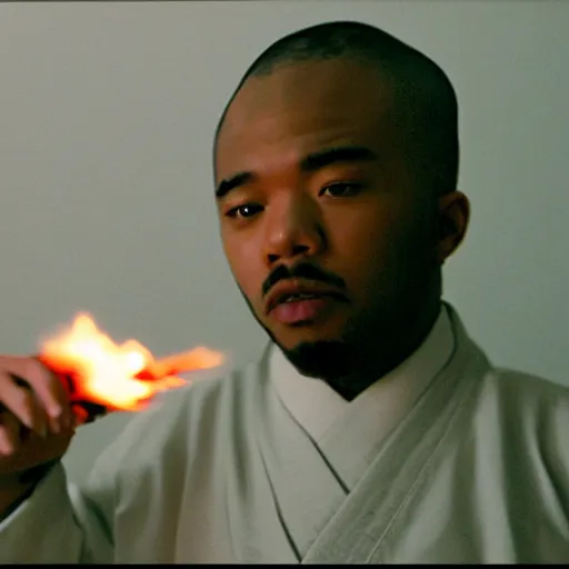 Image similar to cinematic film still of rapper JID starring as a Japanese Sensei with fire, Japanese CGI, VFX, 2003, 40mm lens, shallow depth of field, film photography