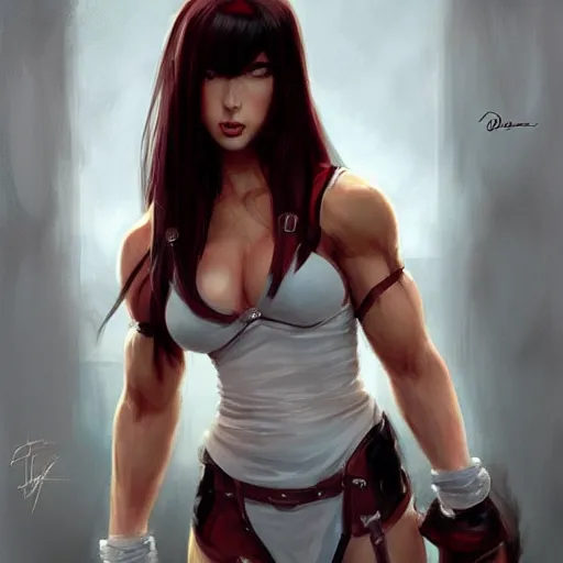 Image similar to portrait of a beautiful muscular tifa lockhart with plump lips, elegant, fantasy, hd shot, digital portrait, beautiful, artstation, comic style, by artgerm, guy denning, jakub rozalski, magali villeneuve and charlie bowater