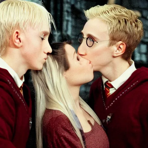 Prompt: harry potter kissing draco malfoy