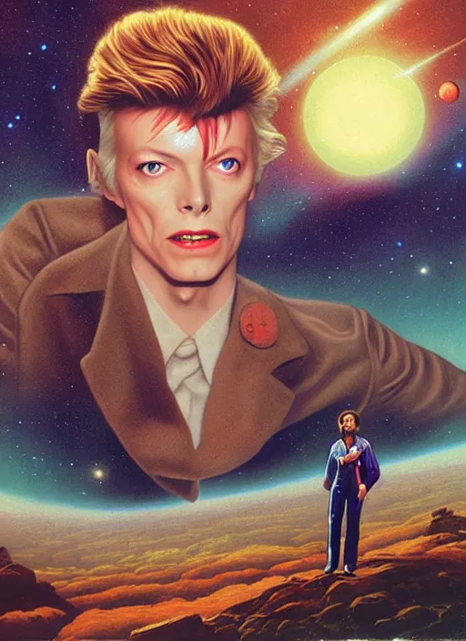 Image similar to twin peaks poster art, david bowie floating through the cosmo outer space, old retro pulp, by michael whelan, rossetti bouguereau, artgerm, nostalgic, old fashioned