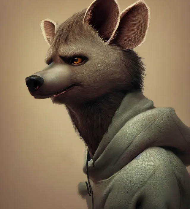 Image similar to a beautiful portrait of a handsome male anthropomorph brown hyena furry fursona wearing a hoodie. character design by cory loftis, fenghua zhong, ryohei hase, ismail inceoglu and ruan jia. artstation, volumetric light, detailed, photorealistic, rendered in octane